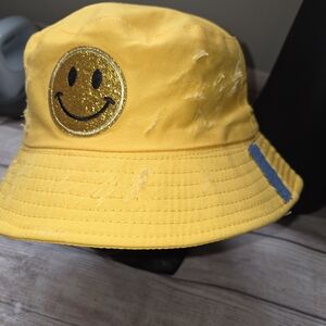 Yellow Bucket Hat with Smiley Face Patch